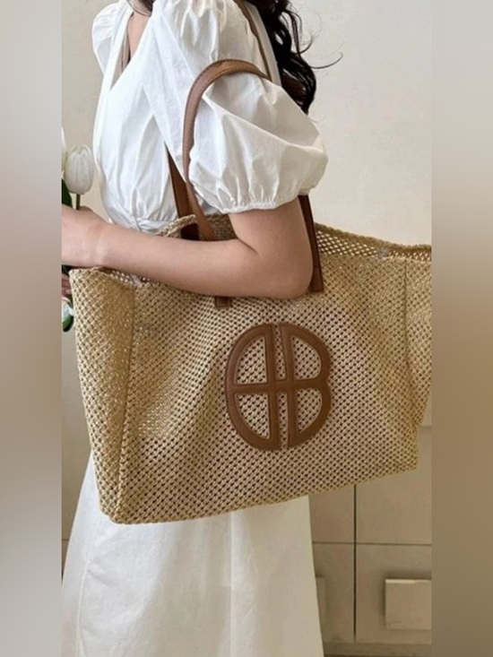 AB product Handbags - Woven Straw Tote with Brown Leather Trim - Natural